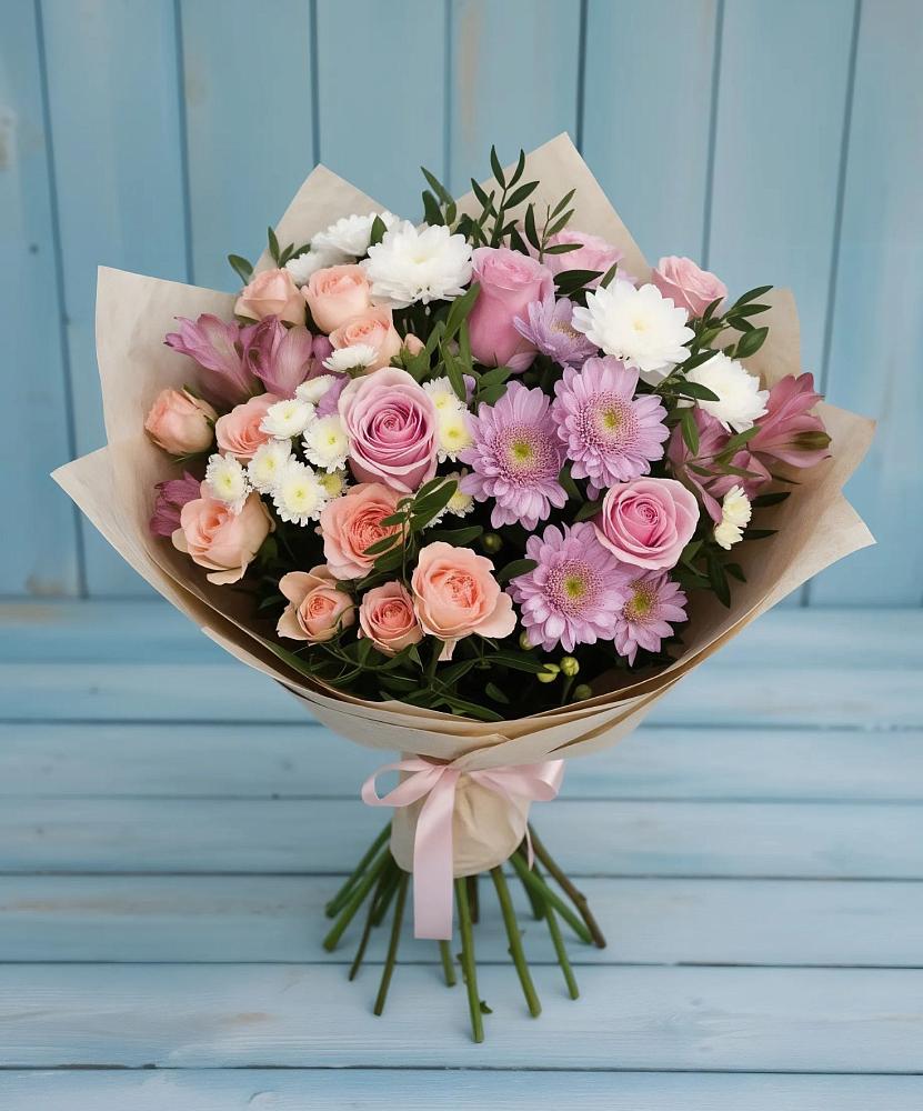 Букет цветов из: Хризантемы, Розы и Альстромерии в Тээли