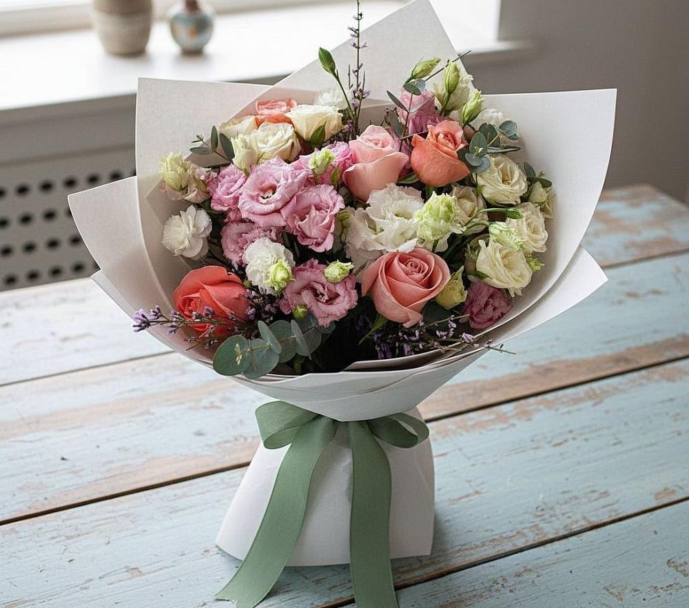 Букет цветов из: Розы, Лизиантусы и Гвоздики в Тээли