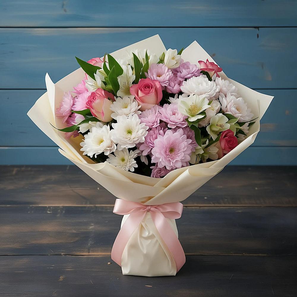 Букет цветов из: Хризантемы, Альстромерии и Розы в Тээли